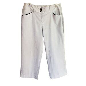 Sharagano Womens Cropped Dress Pants 6 White Pinstripe Cotton Navy Trim Office